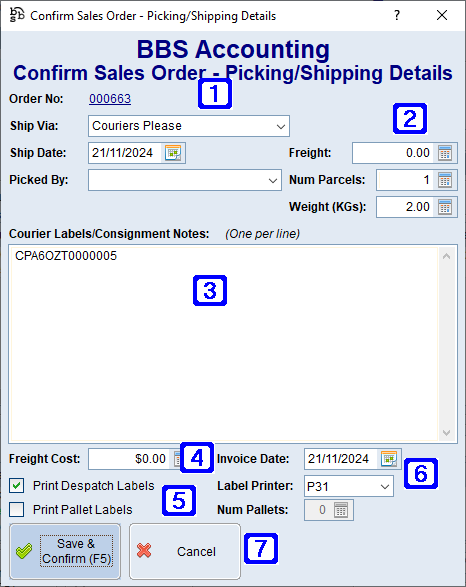 Confirm Sales Order - Picking/Shipping Details Screen