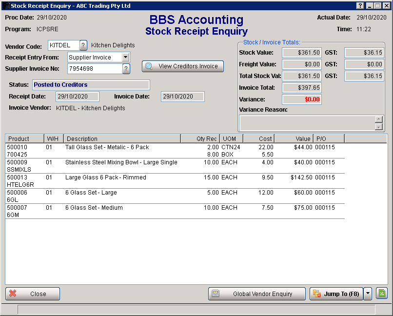 Stock Receipt Enquiry Screen Stock Receipt Enquiry Screen