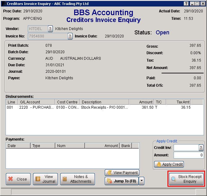Creditors Invoice Enquiry Screen Creditors Invoice Enquiry Screen