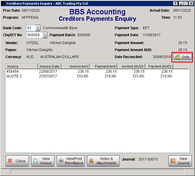 Creditors Payment Enquiry Screen