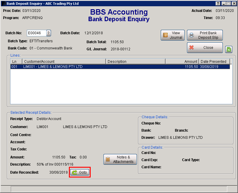 Bank Deposit Enquiry Screen