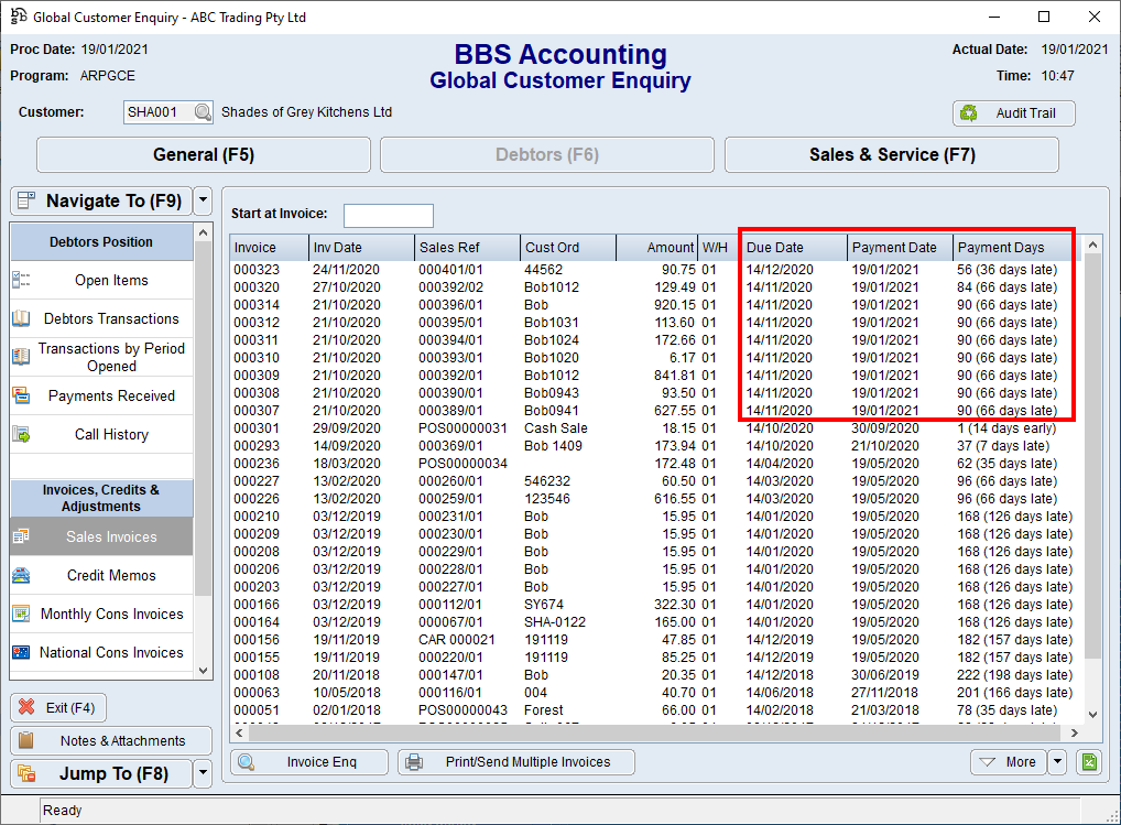 Global Customer Enquiry - Debtors (F6) - Sales Invoices Tab Screen