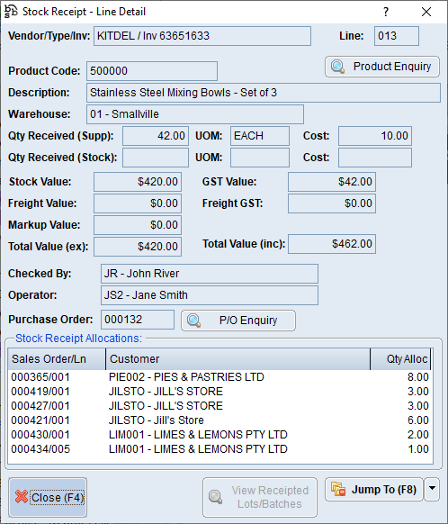 Stock Receipt - Line Detail Screen Stock Receipt - Line Detail Screen