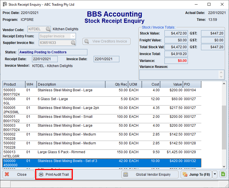 Stock Receipt Enquiry Screen Stock Receipt Enquiry Screen