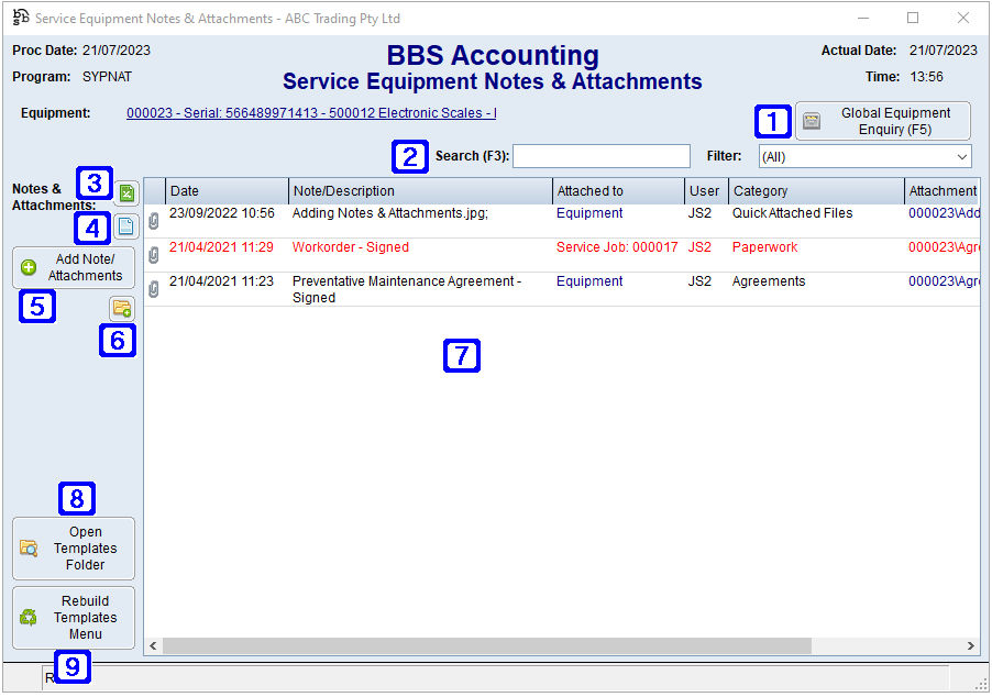 Service Equipment Notes & Attachments Screen Service Equipment Notes & Attachments Screen