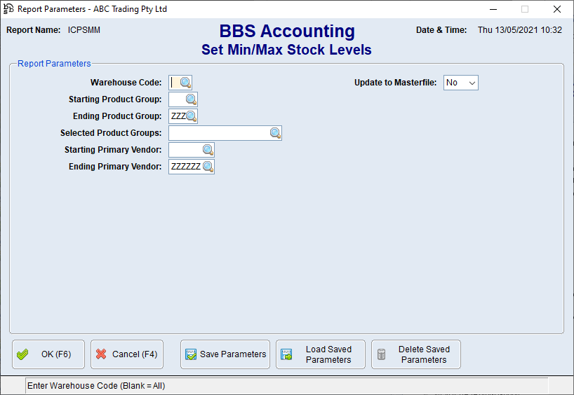 Set Min/Max Stock Levels Screen Set Min/Max Stock Levels Screen