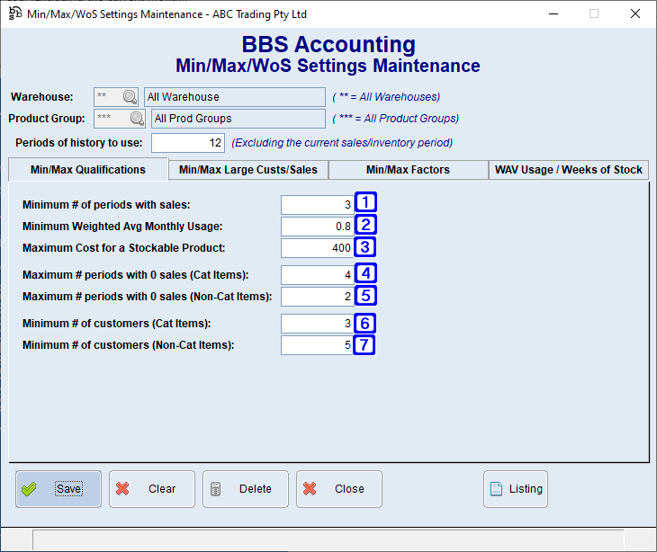 Min/Max/WoS Settings Maintenance - Min/Max Qualification Screen