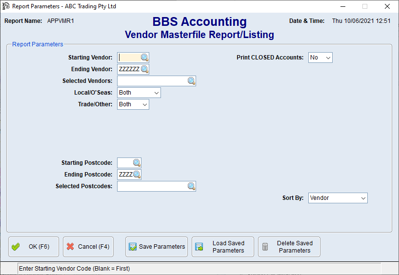 Vendor Masterfile Report/Listing Screen