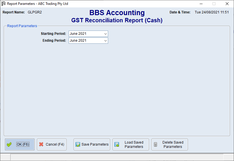 GST Reconciliation Report (Cash) Screen