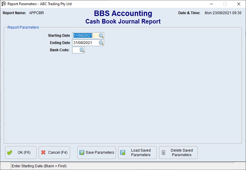 Cash Book Journal Report Screen Cash Book Journal Report Screen