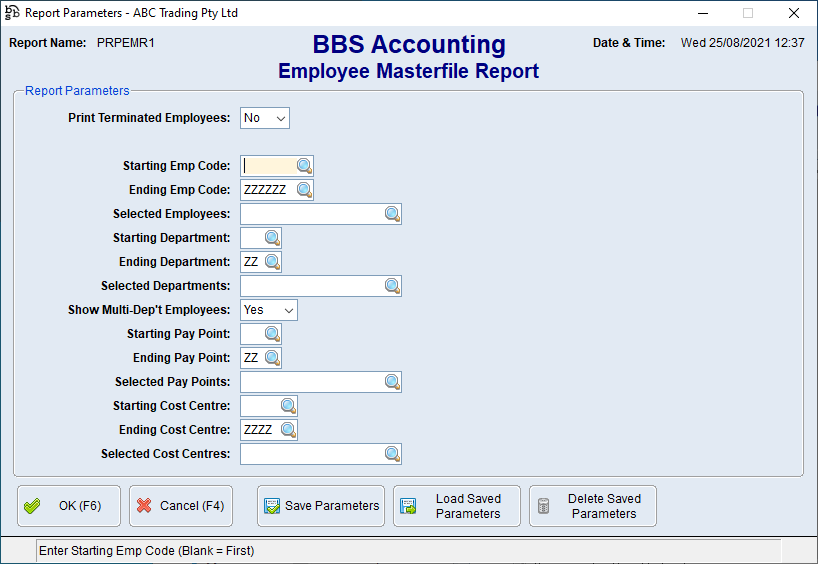 Employee Masterfile Report Screen