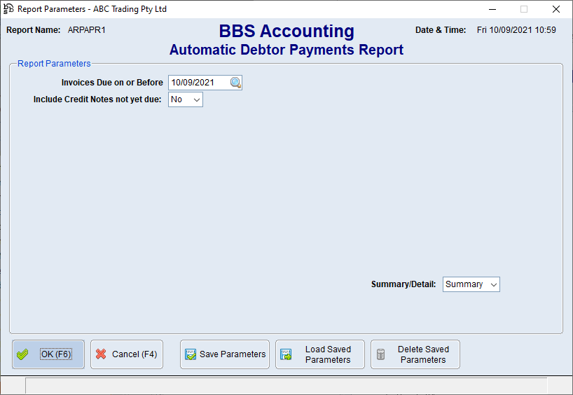 Automatic Debtor Payments Report Screen Automatic Debtor Payments Report Screen