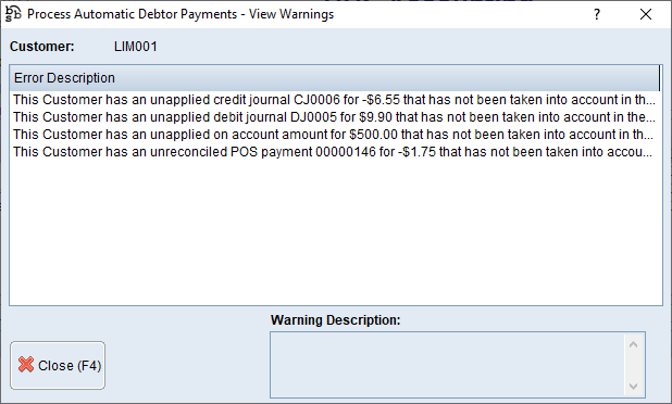 Processing Automatic Debtor Payments - View Warnings Screen Processing Automatic Debtor Payments - View Warnings Screen