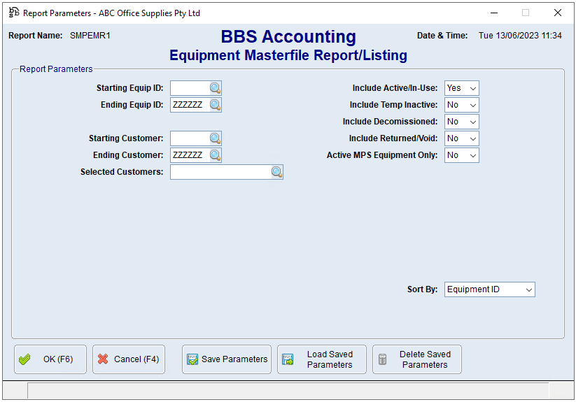 Equipment Masterfile Report/Listing Screen