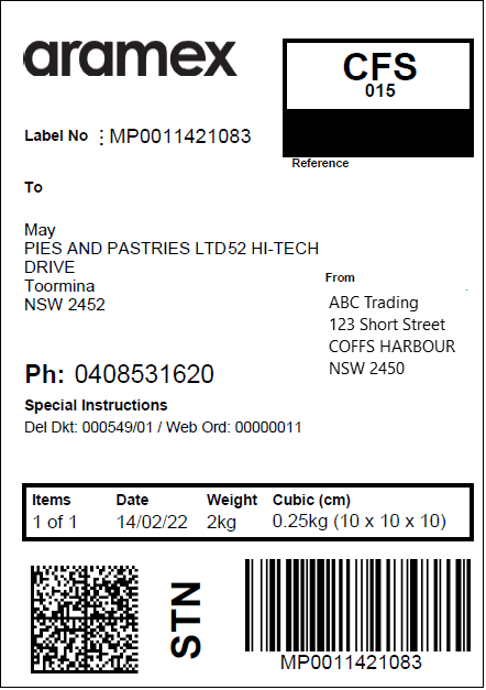 Example of Aramex (myFastway) despatch label Example of Aramex (myFastway) despatch label