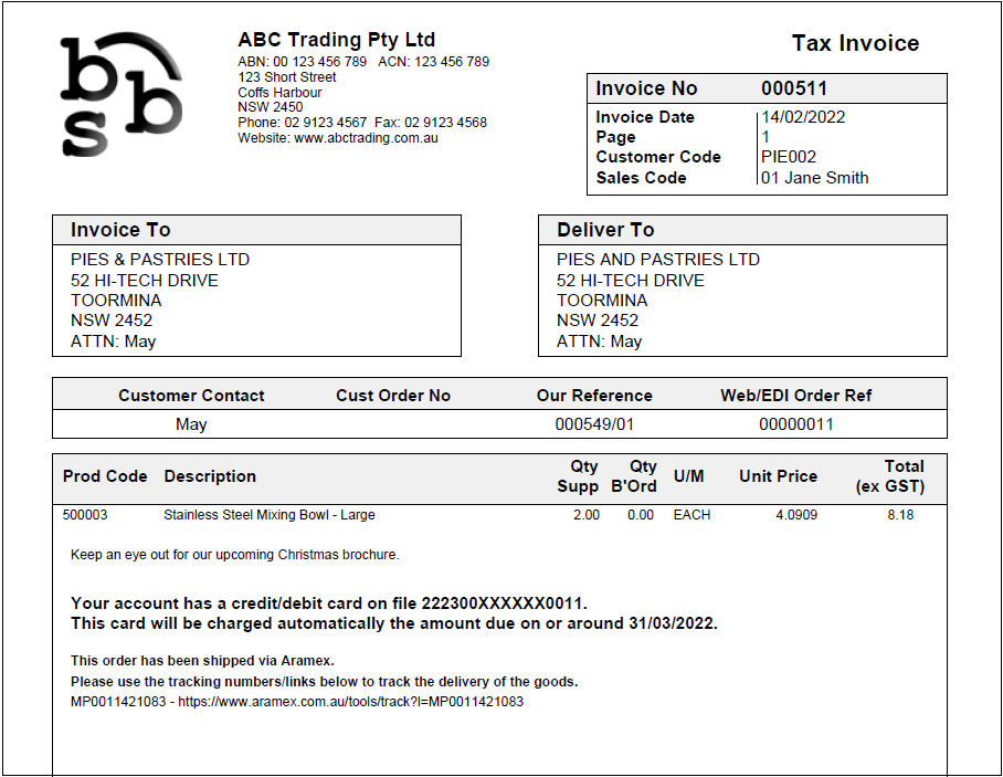 Example of invoice with tracking details Example of invoice with tracking details