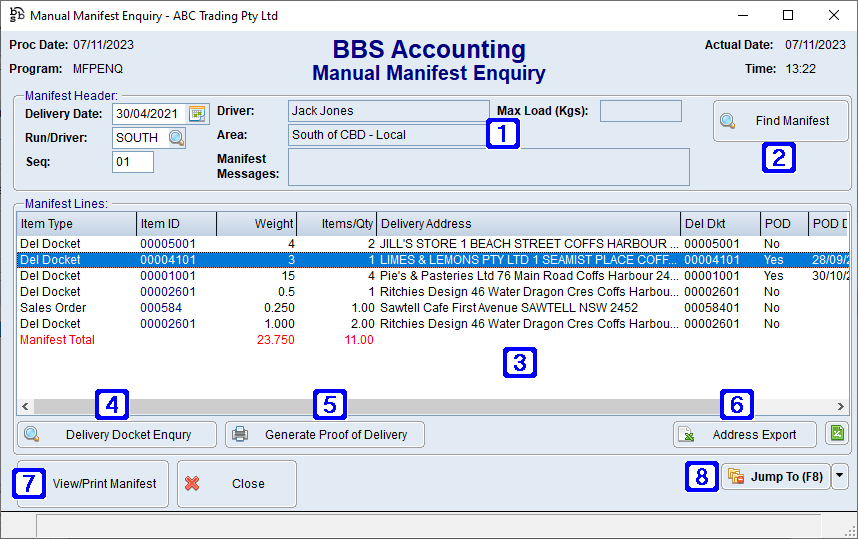 Manual Manifest Enquiry Screen