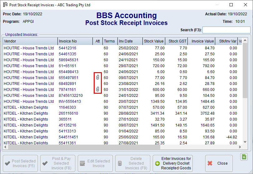 Post Stock Receipt Invoices Screen