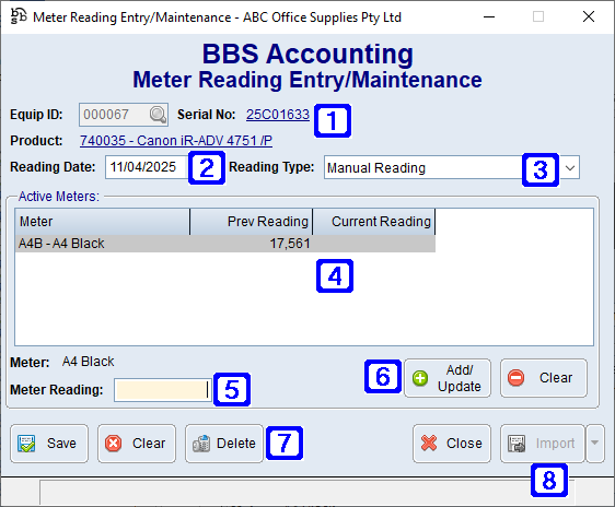 Meter Reading Entry/Maintenance Screen