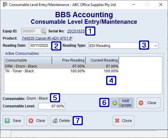 Consumable Level Entry/Maintenance Screen Consumable Level Entry/Maintenance Screen