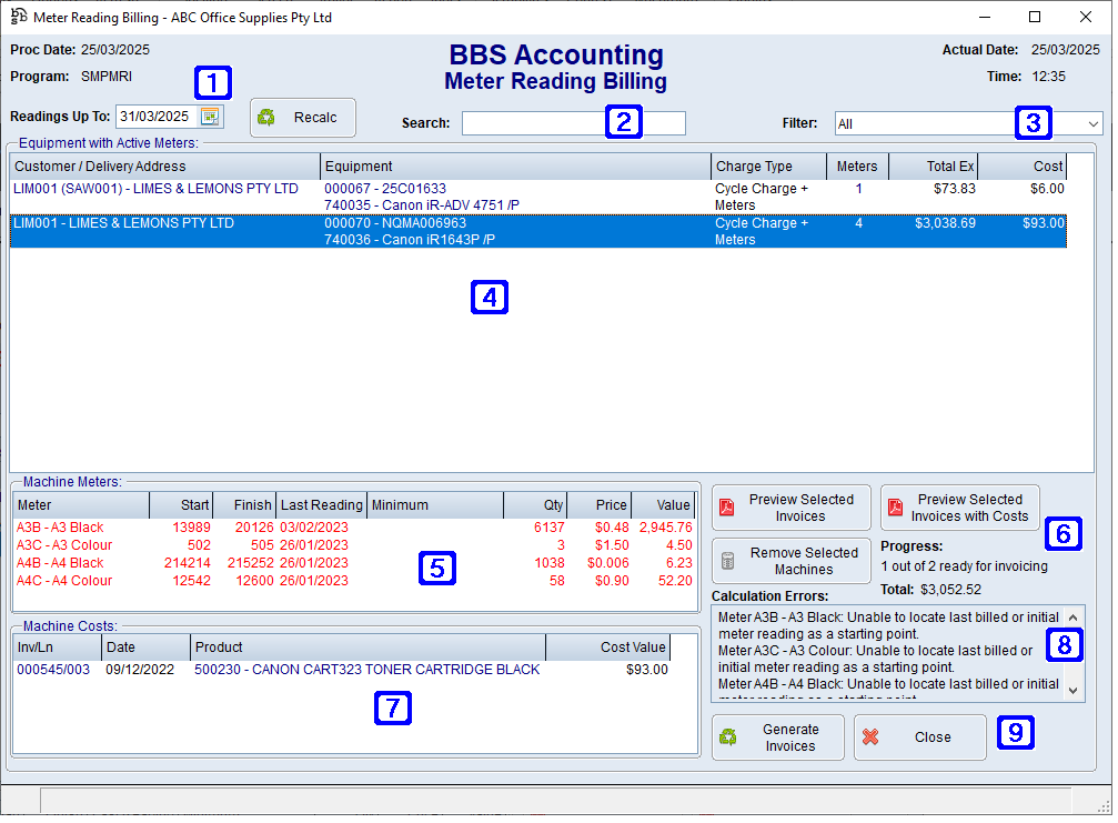 Meter Reading Billing Screen