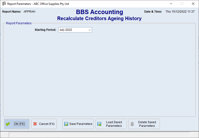 Recalculate Creditors Ageing History Screen