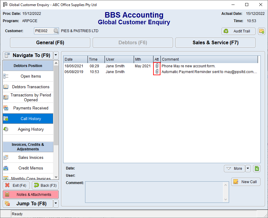 Global Customer Enquiry - Call History Tab