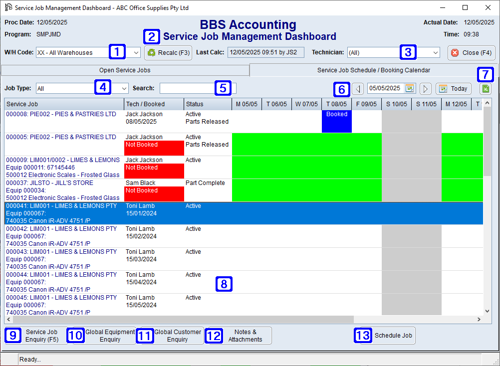 Service Job Management Dashboard - Service Job Schedule/Booking Calendar Screen
