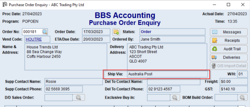 Purchase Order Enquiry Screen