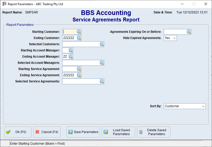 Service Agreements Report Screen Service Agreements Report Screen