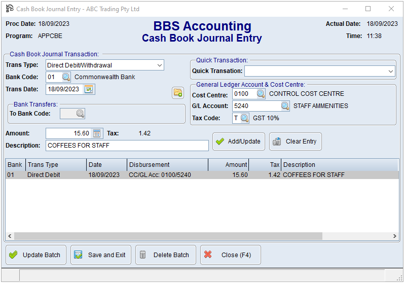 Cash Book Journal Entry Screen Cash Book Journal Entry Screen