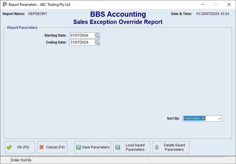 Sales Exception Override Report Screen