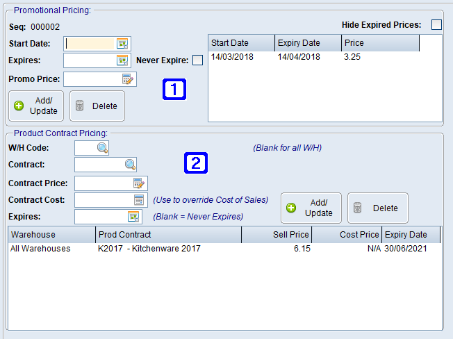Product Masterfile Maintenance Promotional and Product Contract Pricing Tab Screen
