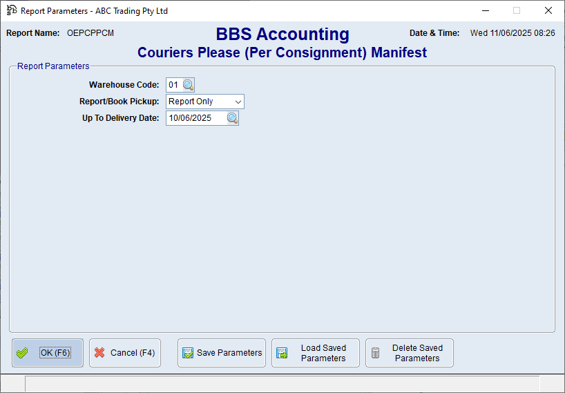 Couriers Please (Per Consignment) Manifest Screen