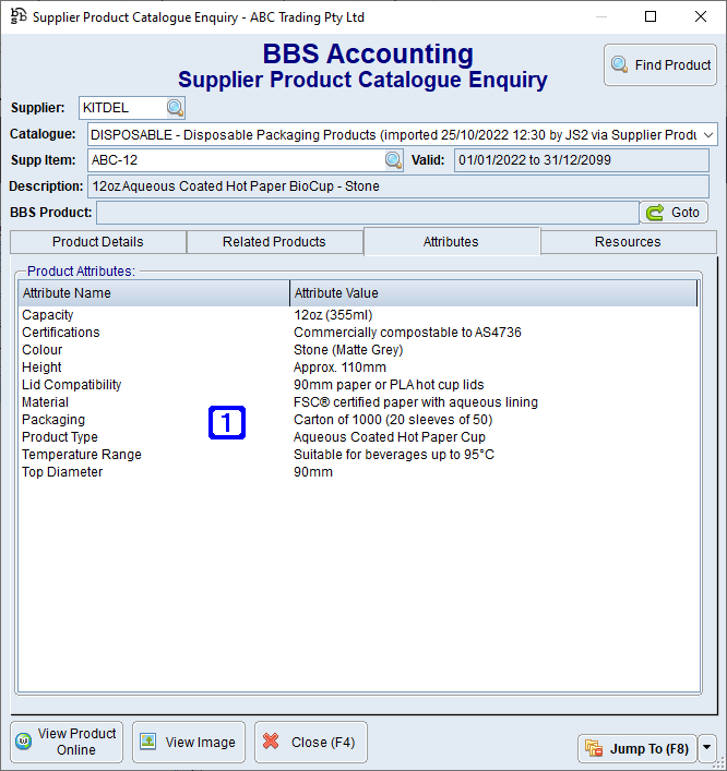 Supplier Product Catalogue Enquiry Screen - Attributes Tab Supplier Product Catalogue Enquiry Screen - Attributes Tab