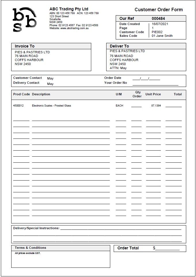 Example Customer Order Form Example Customer Order Form