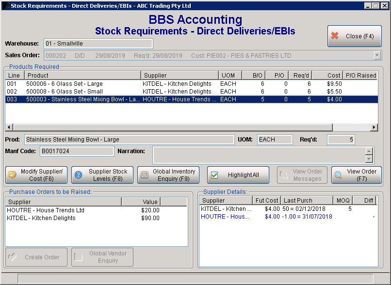 Stock Requirements Manager - Directs/EBIs Screen