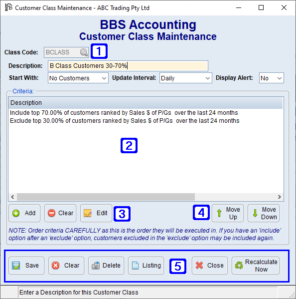 Customer Class Maintenance Screen Customer Class Maintenance Screen