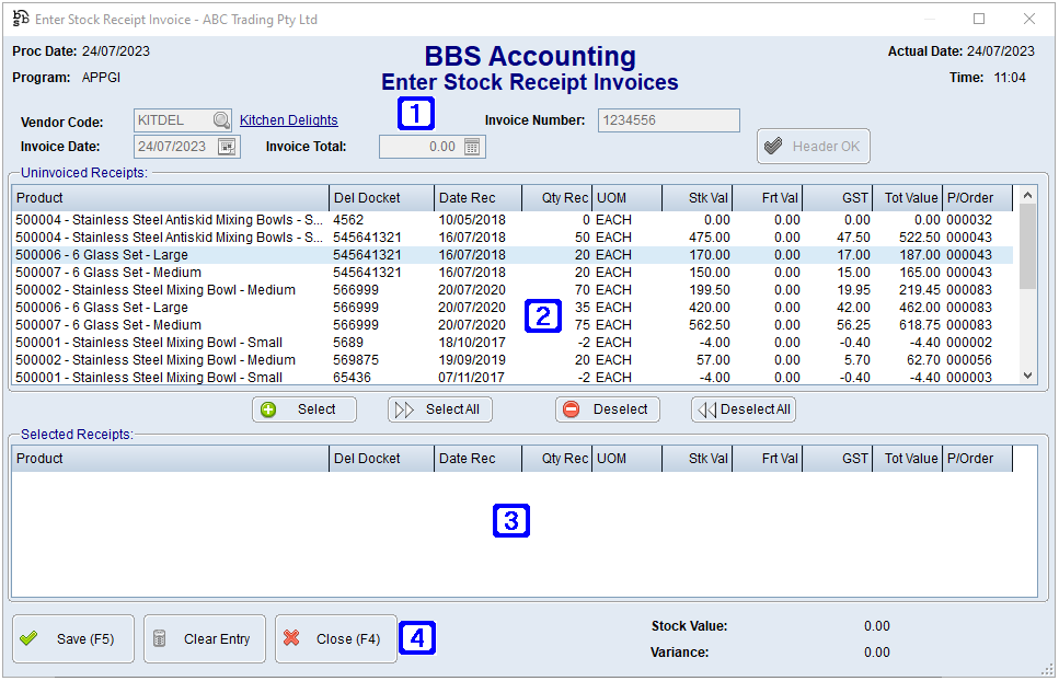 Enter Stock Receipt Invoices Screen Enter Stock Receipt Invoices Screen