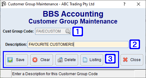 Customer Group Maintenance Screen
