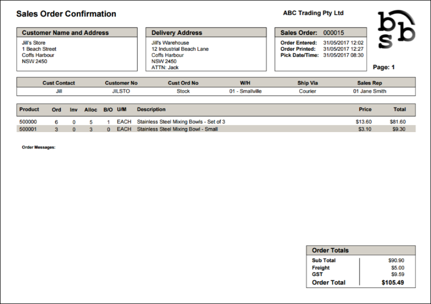 Example of a Sales Order Confirmation Example of a Sales Order Confirmation