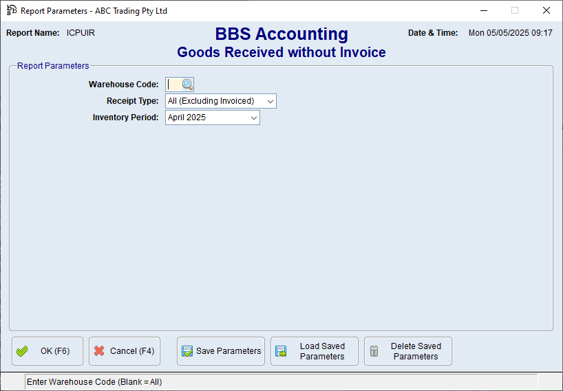 Goods Received Without Invoice Report Screen Goods Received Without Invoice Report Screen